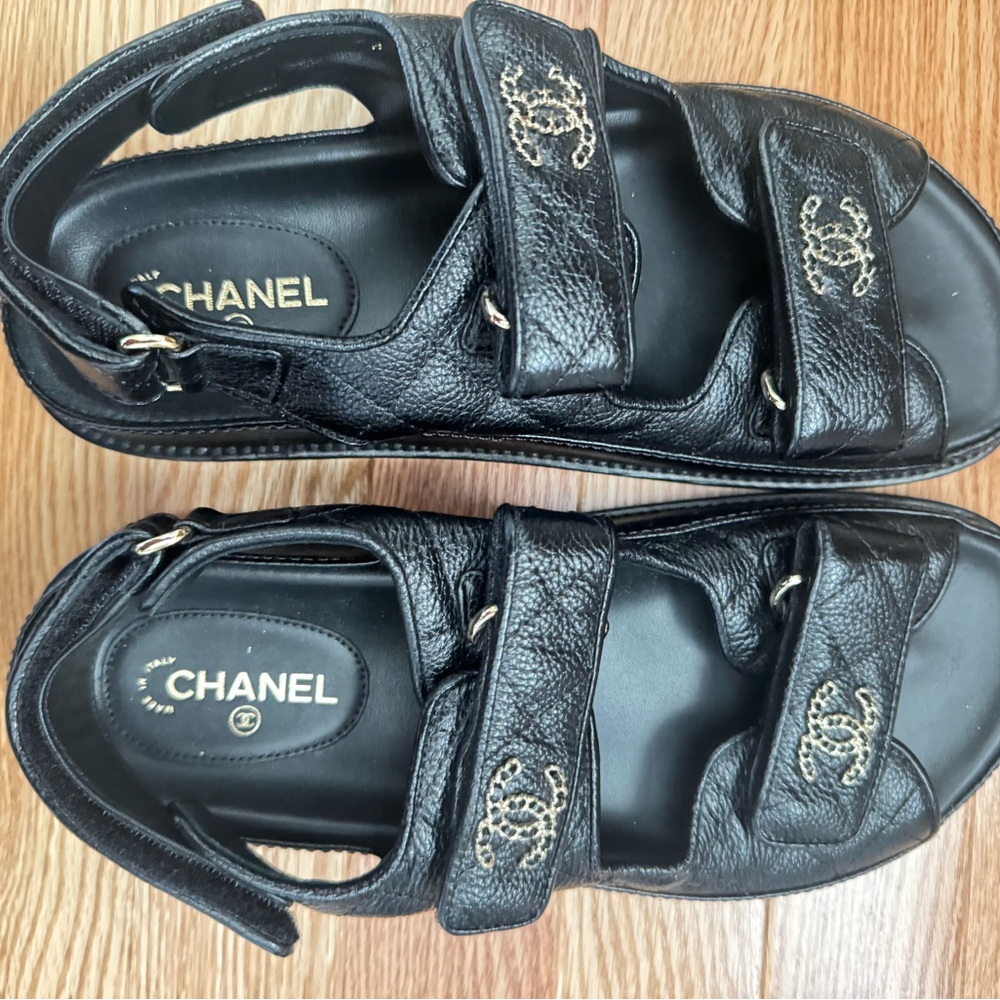 CHANEL Dad Black Leather Sandals with Gold Detail